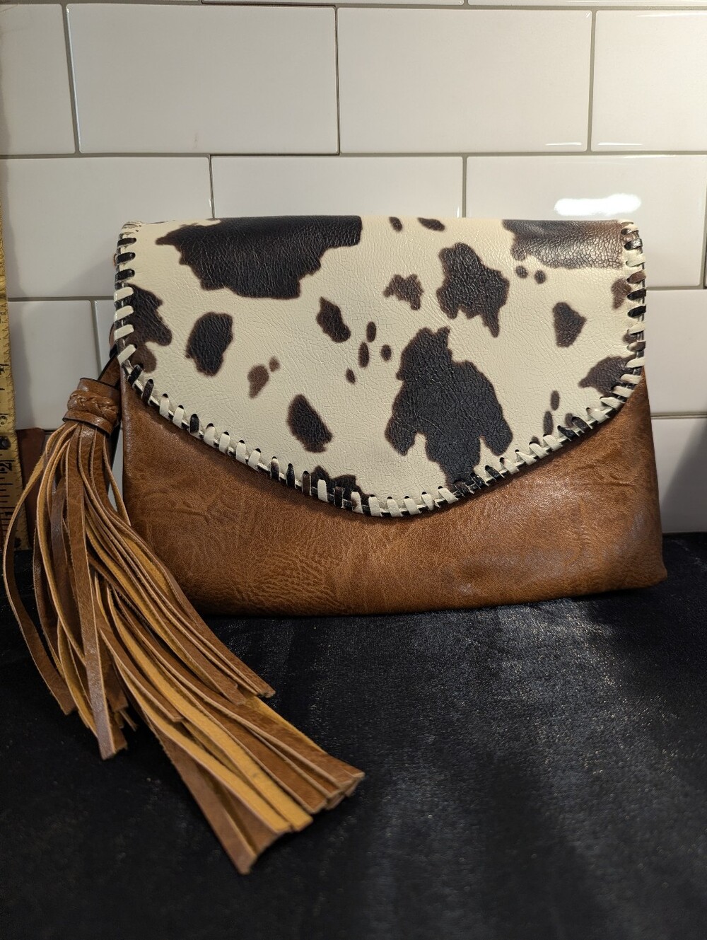 Cowhide Flap Brown Tassel Clutch Handbag Jen & Co